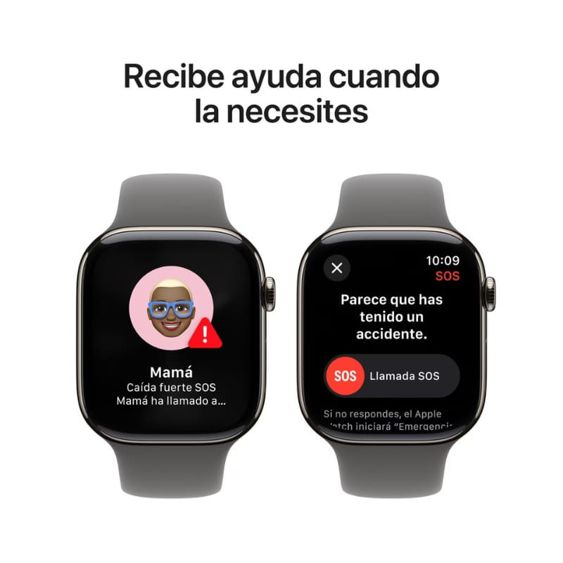 Apple Watch Series 10 GPS + Cellular 46 mm en titanio natural, pantalla grande, bordes redondeados, correa deportiva gris S/M, alertas SOS y detección de