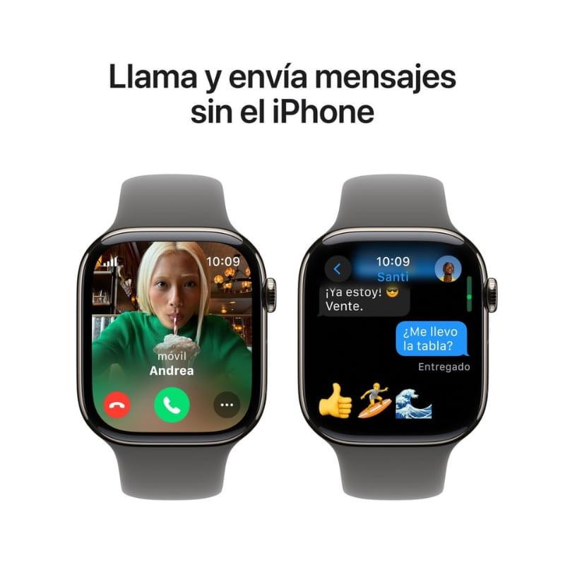 Apple Watch Series 10 GPS + Cellular 46 mm en titanio natural con correa deportiva gris S/M, pantalla amplia con llamadas y mensajes sin iPhone