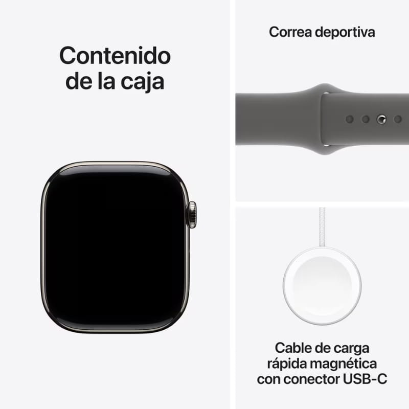 Apple Watch Series 10 GPS + Cellular 46 mm en titanio natural, pantalla negra, correa deportiva gris S/M y cable de carga rápida magnética USB‑C