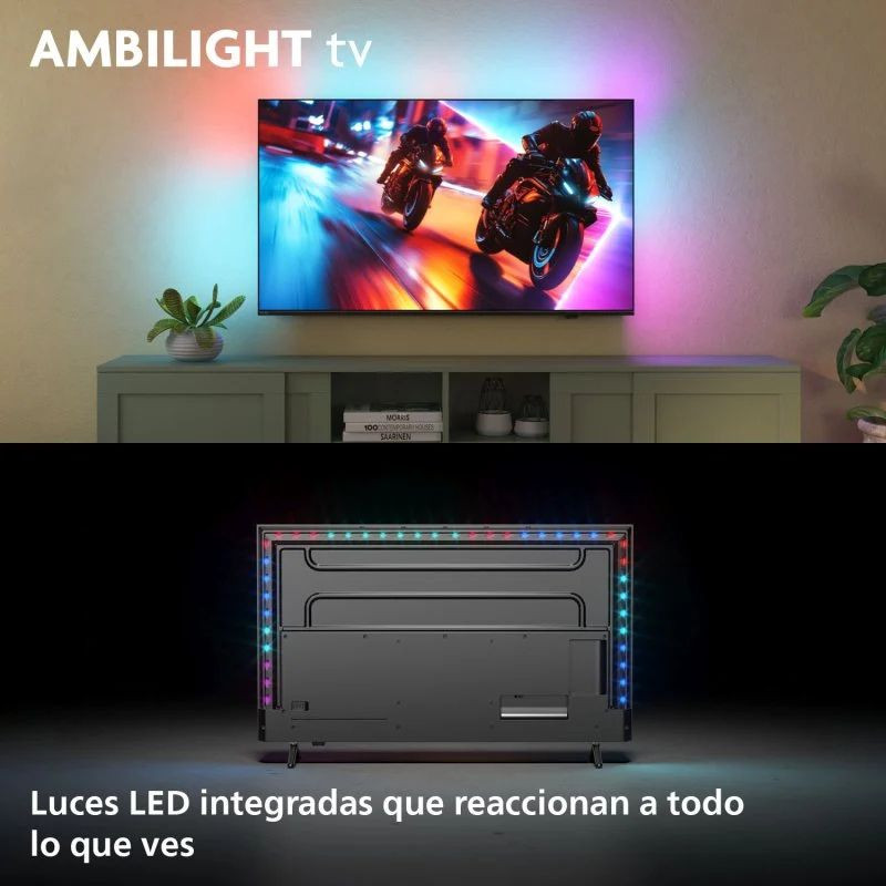 Philips 65MLED920 65" 4K UHD Mini LED avec Ambilight: écran fin, couleurs vives, rétroéclairage LED réactif au dos pour immersion lumineuse.