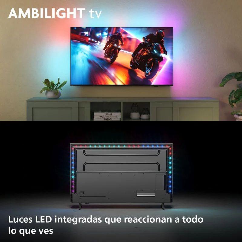 Philips 65MLED920 65" 4K UHD Mini LED avec Ambilight: écran fin, couleurs vives, rétroéclairage LED réactif au dos pour immersion lumineuse.