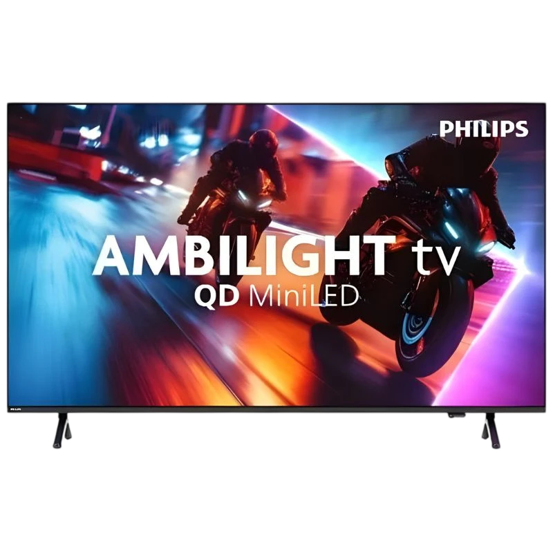 Philips 65MLED920 65" 4K UHD: écran QD Mini LED avec Ambilight, couleurs vives, contraste élevé et design fin sur pieds discrets.