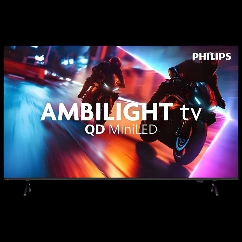 Philips 65MLED920 65" 4K UHD: écran QD Mini LED avec Ambilight, couleurs vives, contraste élevé et design fin sur pieds discrets.