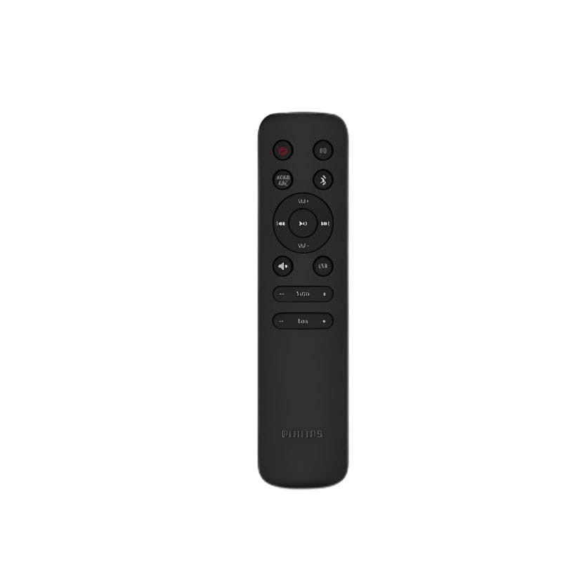 Control remoto negro Philips Tab4000 con botones circulares, teclas de volumen, reproducción y modos EQ, diseño compacto y minimalista para barra de sonido