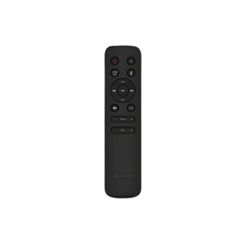 Control remoto negro Philips Tab4000 con botones circulares, teclas de volumen, reproducción y modos EQ, diseño compacto y minimalista para barra de sonido
