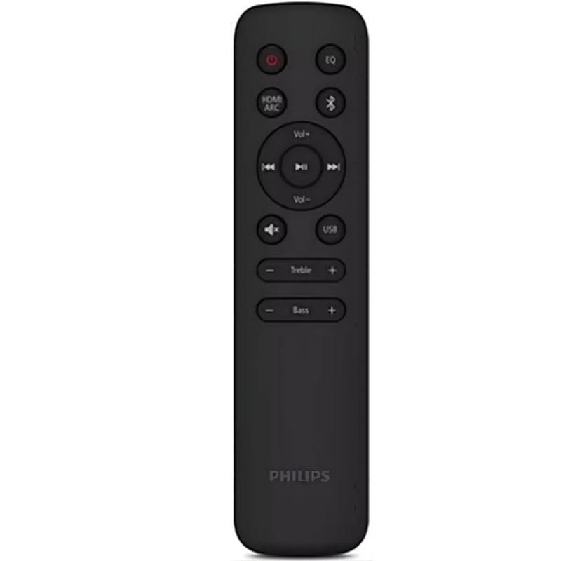 Télécommande noire Philips pour barre de son TAB6100/10, design fin, boutons EQ, volume, lecture, HDMI ARC, USB, réglages Treble et Bass, logo discret en bas