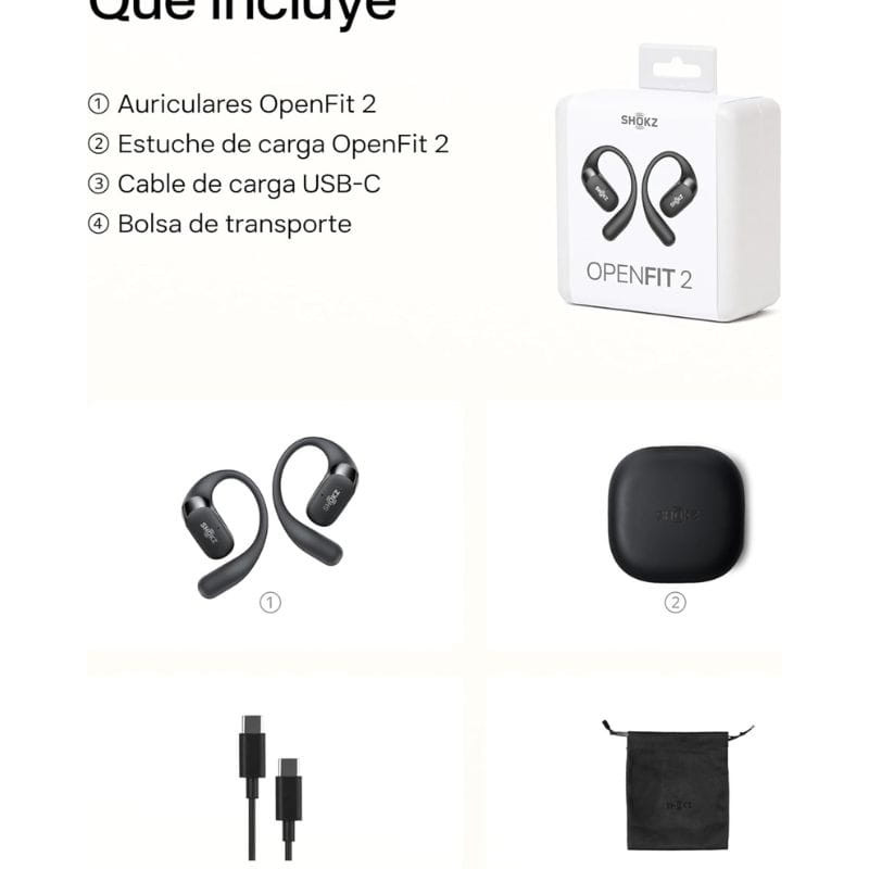 SHOKZ OpenFit 2 Beige– Auriculares Bluetooth, contenido del paquete