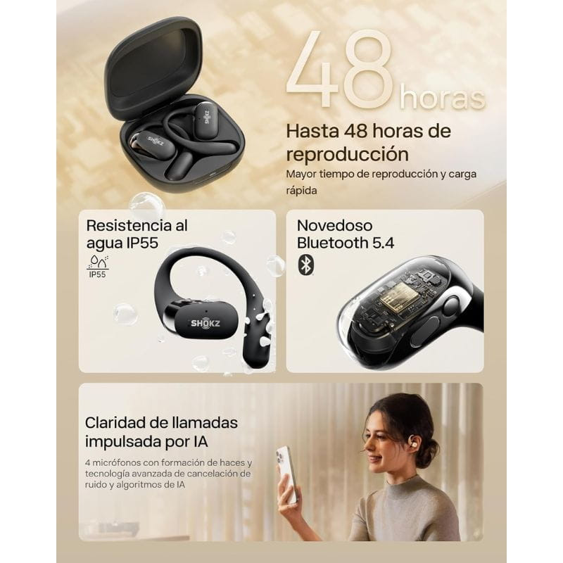 SHOKZ OpenFit 2 Negro– Auriculares Inalámbricos Bluetooth, hasta 48h de autonomía