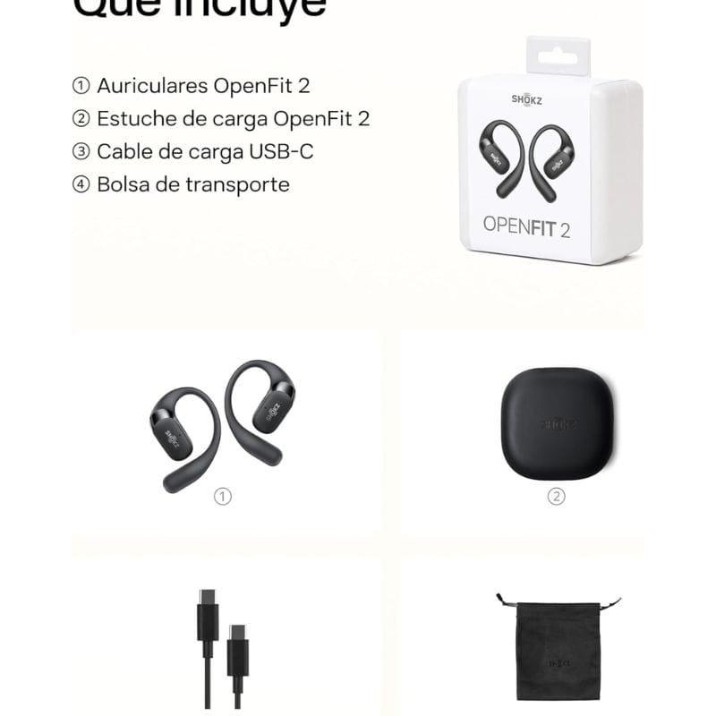SHOKZ OpenFit 2 Negro– Auriculares Inalámbricos Bluetooth, imagen contenido del paquete