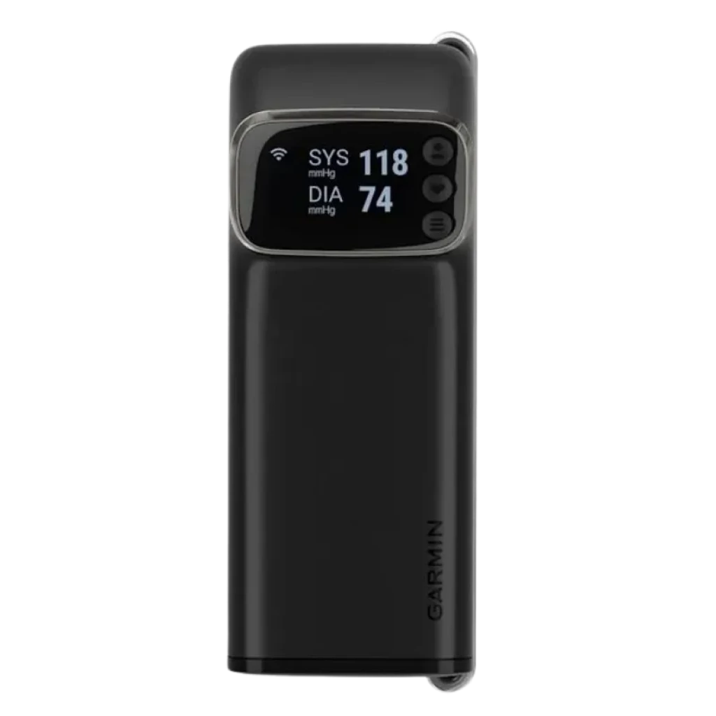 Garmin Index BPM - Tensiómetro inteligente em preto com ecrã OLED que mostra SYS e DIA, ícone WiFi, botões laterais e design vertical compacto