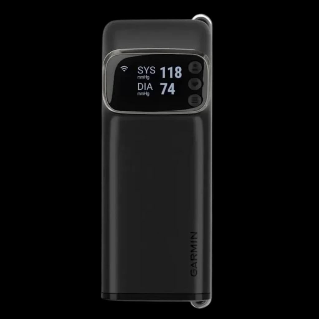Garmin Index BPM - Tensiómetro inteligente em preto com ecrã OLED que mostra SYS e DIA, ícone WiFi, botões laterais e design vertical compacto