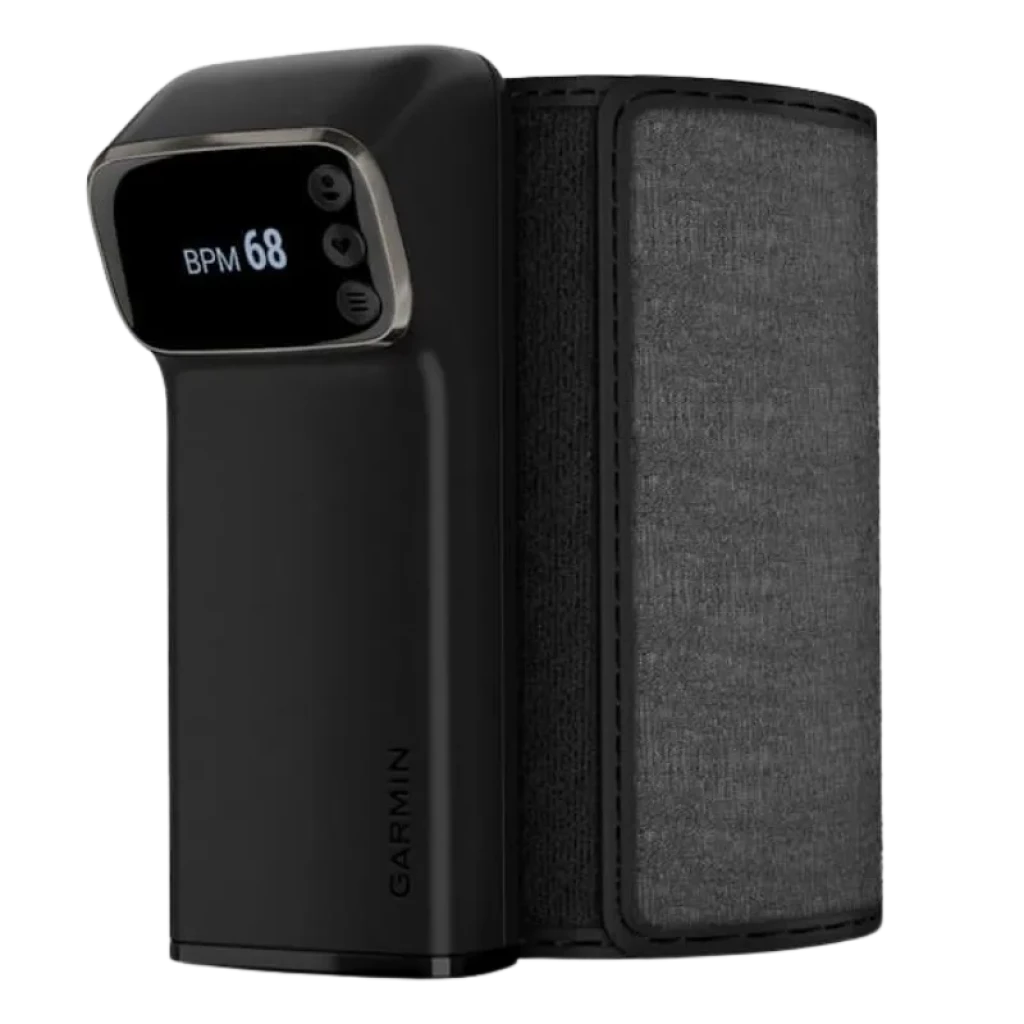 Garmin Index BPM - Tensiómetro inteligente com braçadeira cinzenta em tecido, corpo preto compacto e ecrã digital que mostra BPM 68 com botões laterais