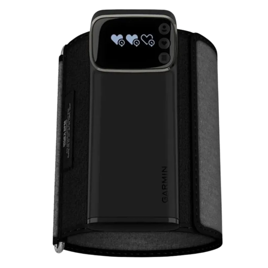 Garmin Index BPM - Tensiómetro inteligente com braçadeira preta ajustável, módulo frontal brilhante e ecrã com ícones de coração