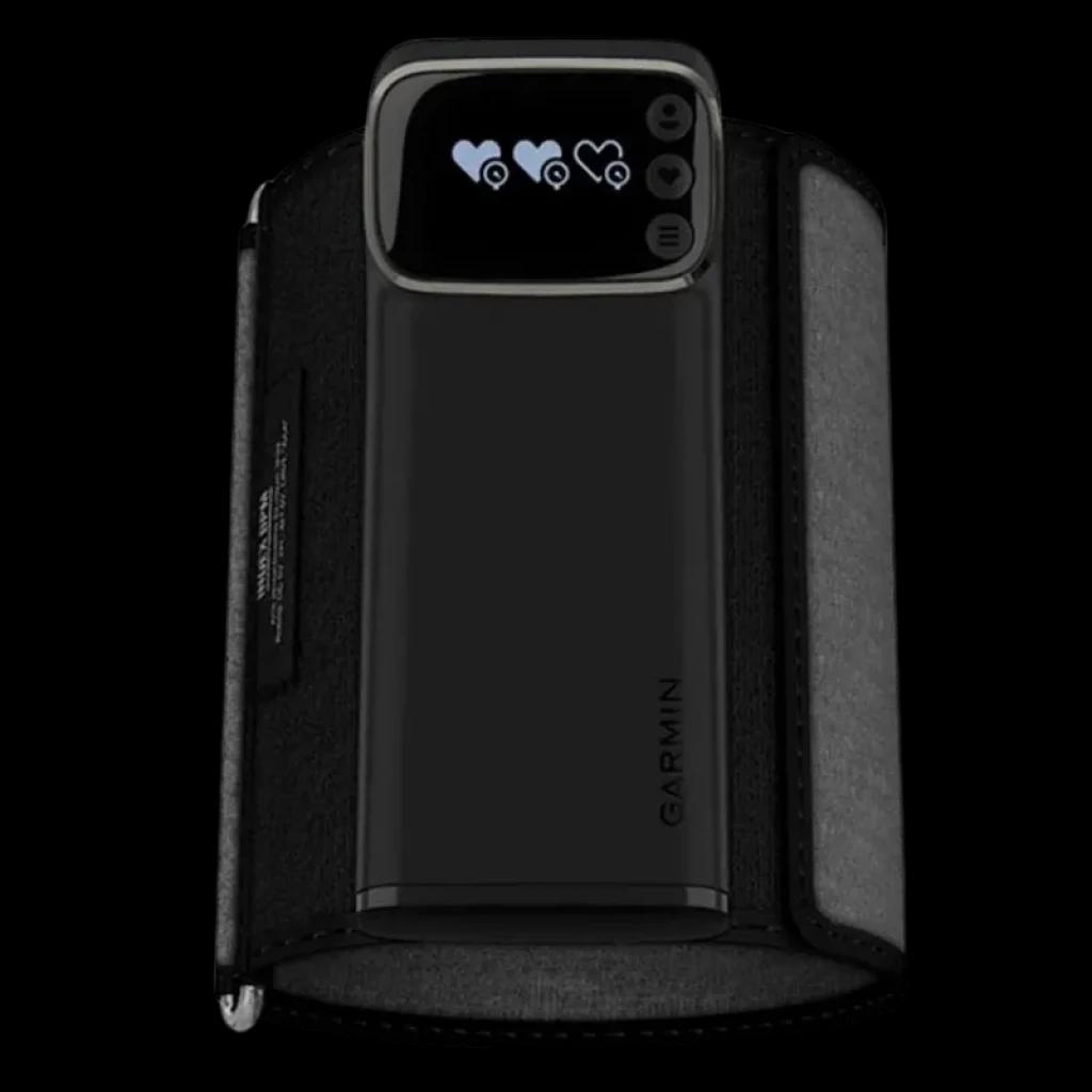 Garmin Index BPM - Tensiómetro inteligente com braçadeira preta ajustável, módulo frontal brilhante e ecrã com ícones de coração