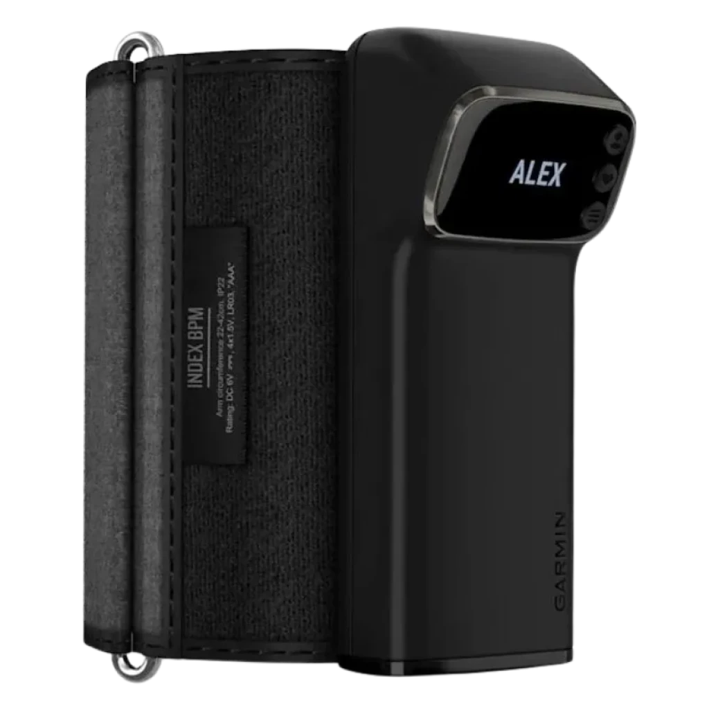 Garmin Index BPM - Tensiómetro inteligente com braçadeira preta ajustável e ecrã OLED que mostra o nome e as leituras