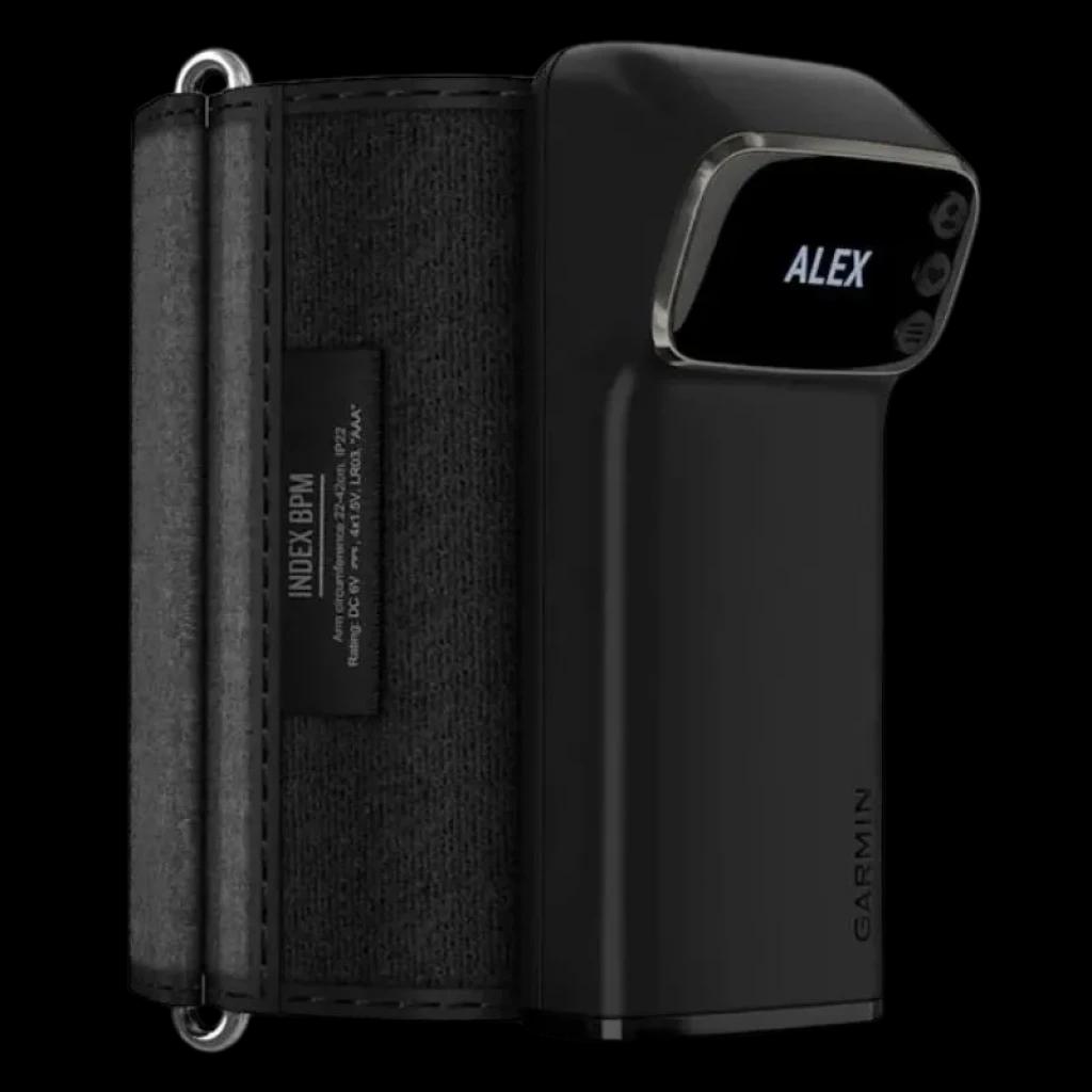 Garmin Index BPM - Tensiómetro inteligente com braçadeira preta ajustável e ecrã OLED que mostra o nome e as leituras