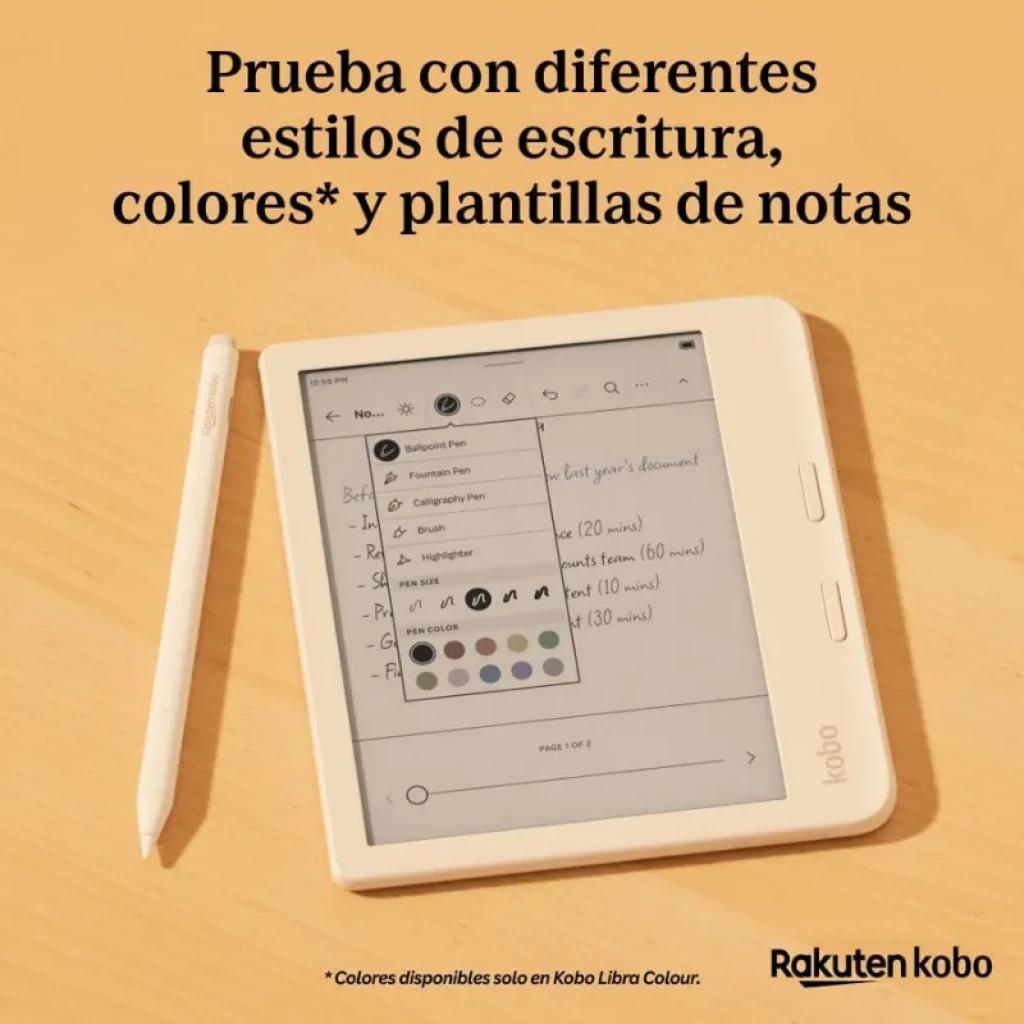 Rakuten Kobo Stylus 2 Branco com ponta fina junto com eReader; seleção de cores e estilos de escrita na tela, design minimalista e carregamento USB-C