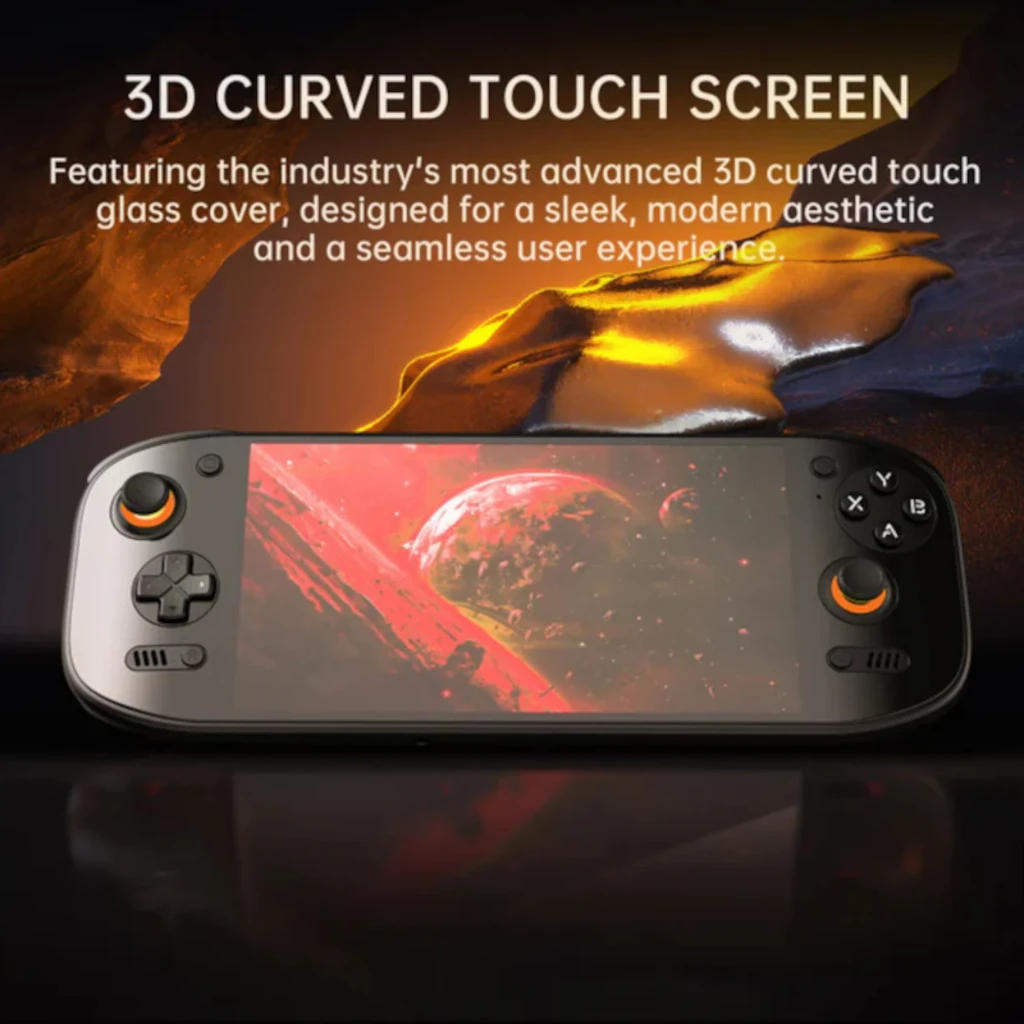 AYN Odin2 Portal Pro , consola portátil negra con pantalla táctil curva 3D, joysticks duales, cruceta, botones frontales y gatillos iluminados