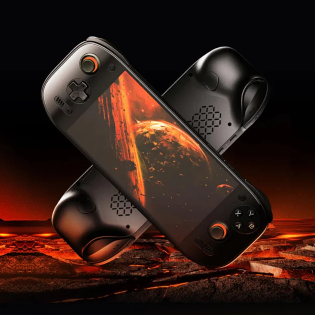 AYN Odin2 Portal Pro con pantalla ancha, carcasa blanca, joysticks anaranjados, cruceta y botones frontales iluminados, diseño ergonómico portátil