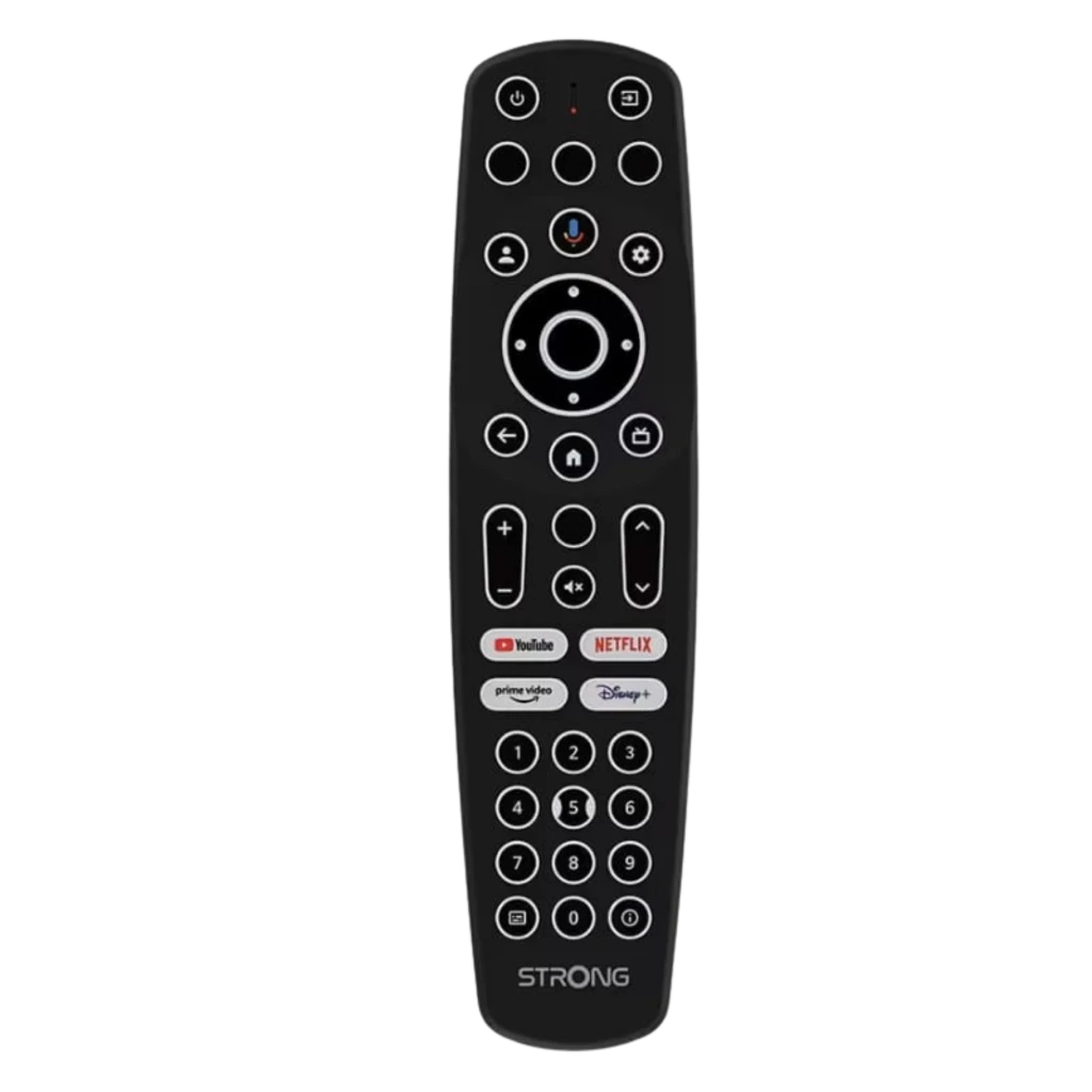 Control remoto Strong Leap-S3 Pro negro, compacto, con teclas numéricas, navegación circular, volumen y canal, atajos YouTube, Netflix, Prime Video y Disney+
