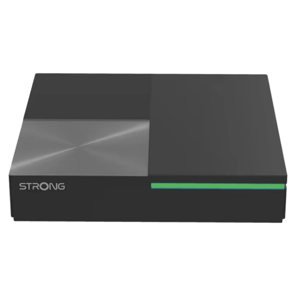 Strong Leap-S3 Pro Android TV, caja negra minimalista con panel superior bicolor y franja LED verde frontal; diseño compacto y elegante 4GB RAM 32GB