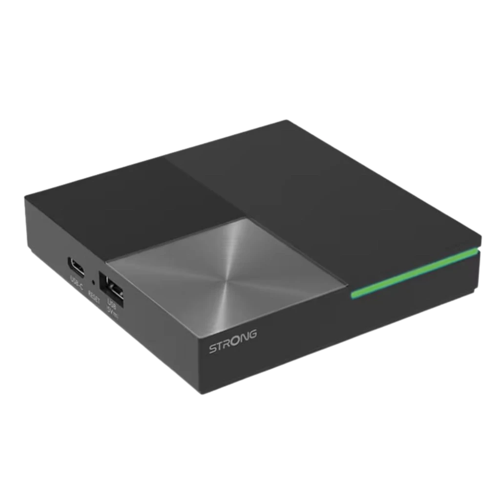 Strong Leap-S3 Pro 4GB/32GB Android 12 Android TV, caja negra compacta con tapa metálica cepillada, LED verde frontal y puertos HDMI y USB laterales