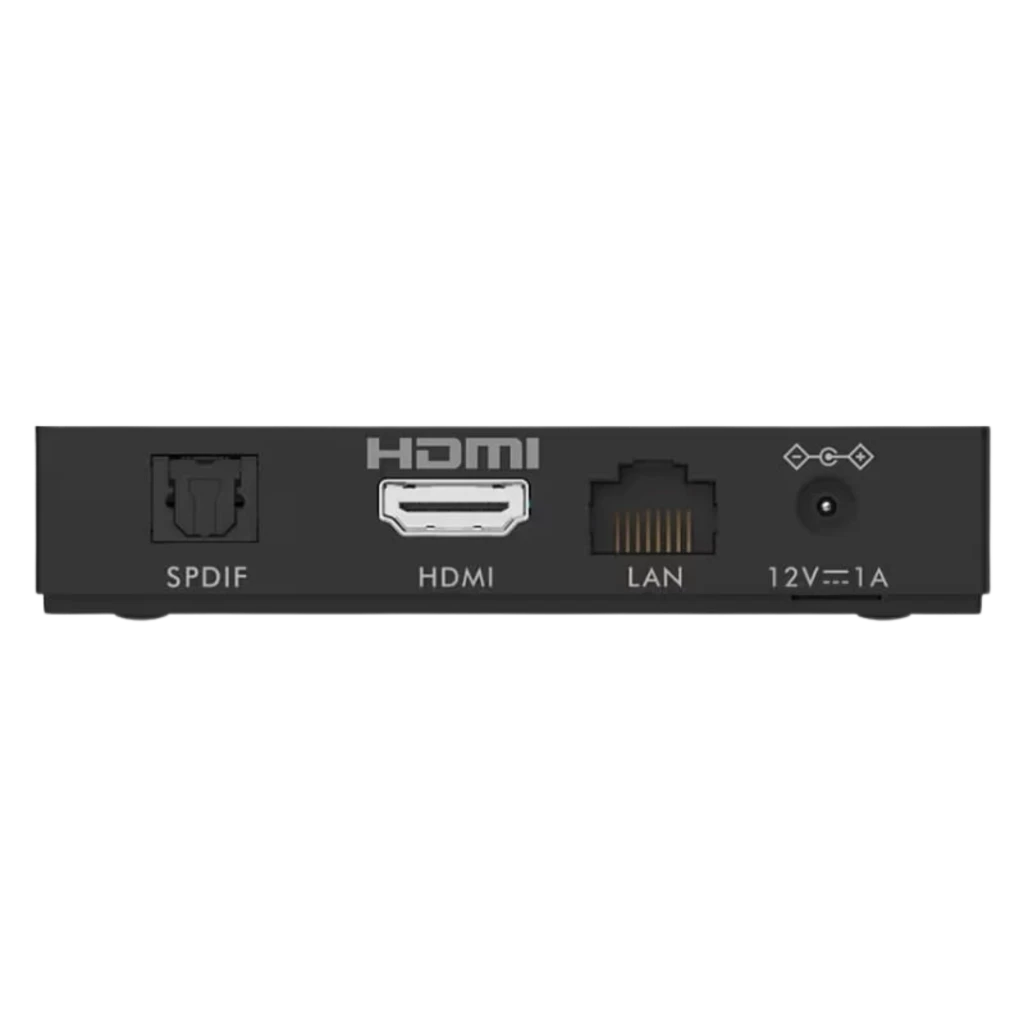 Panel trasero del Strong Leap-S3 Pro con puertos SPDIF, HDMI, LAN y entrada de corriente 12V 1A; diseño compacto en color negro para Android TV