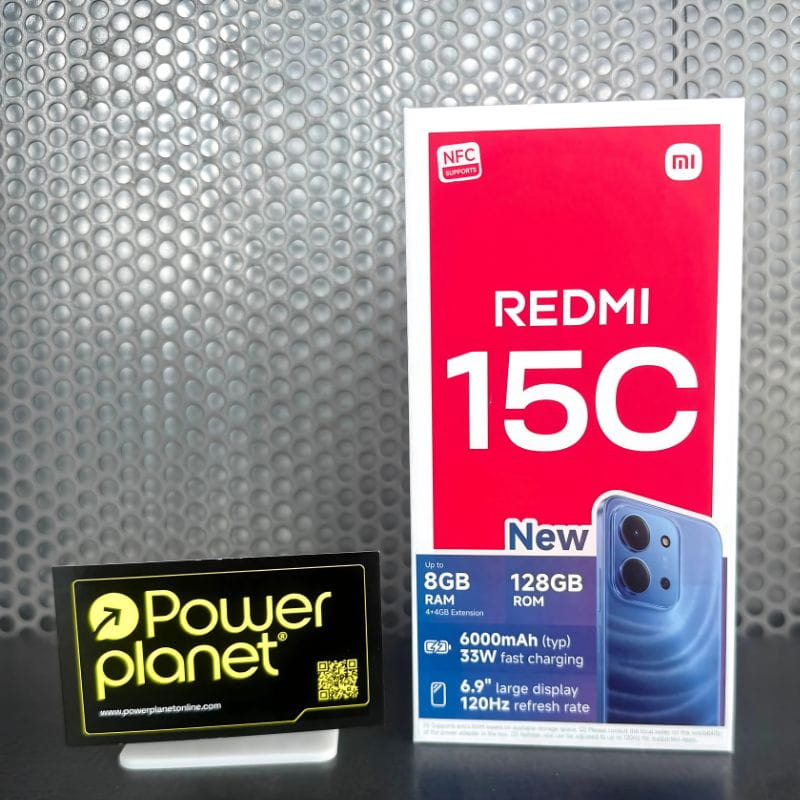 Xiaomi Redmi 15C 6GB/128GB Preto com caixa destacando NFC, bateria 6000mAh, carga 33W, tela 6,9 polegadas e 120Hz; módulo de câmera dupla azul na arte da