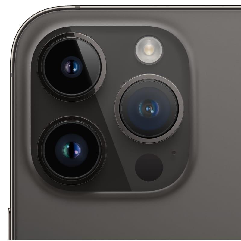 Módulo de câmeras do iPhone 14 Pro Max preto espacial: duas lentes grandes, lente menor e flash, acabamento fosco premium, 512GB, renovado em excelente estado