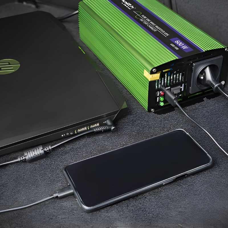 Qoltec Monolith 600 W vert, adaptateur et onduleur en aluminium rainuré, ports USB et prises AC, voyants LED, câble d’alimentation connecté à laptop et