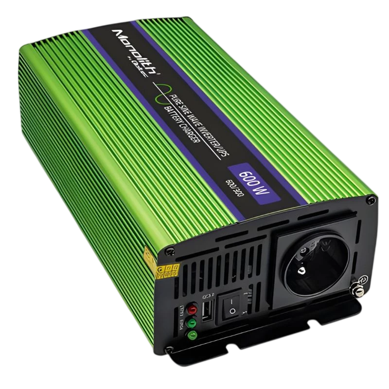 Qoltec Monolith 600 W verde, inversor de onda sinusoidal pura con carcasa de aluminio estriada, ventilación frontal, interruptor, LED y toma Schuko frontal