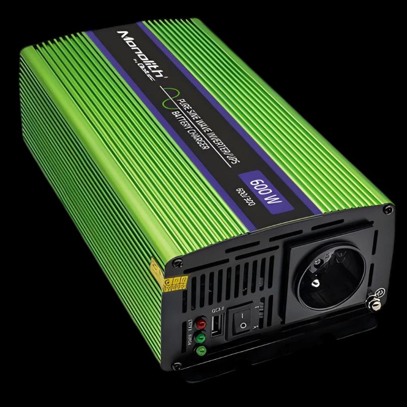 Qoltec Monolith 600 W vert, onduleur à onde sinusoïdale pure, boîtier aluminium nervuré, prise Schuko, interrupteur, voyants LED et ventilation arrière