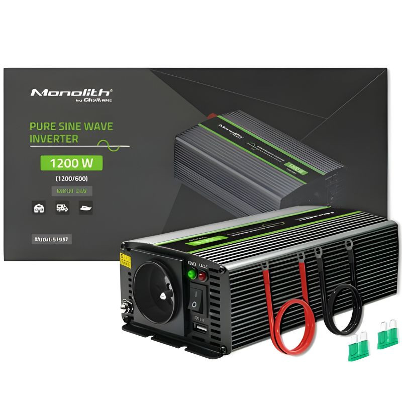 Qoltec Monolith Auto 1200 W negro: inversor de onda sinusoidal pura, carcasa acanalada de aluminio, pantalla LED, puertos y cables rojo/negro con fusibles