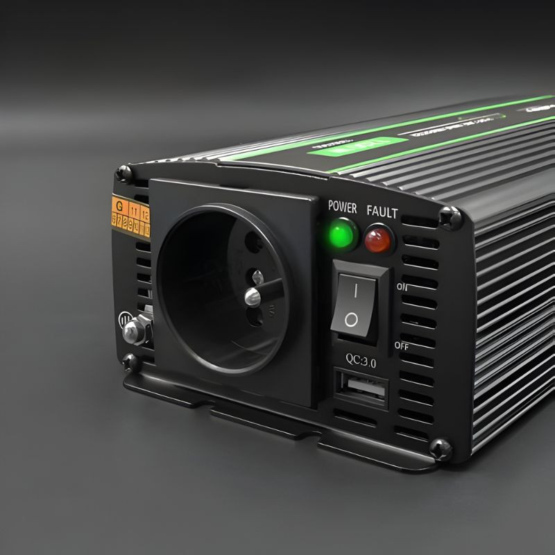 Qoltec Monolith Auto 1200 W, Negro: inversor con carcasa metálica negra, toma Schuko frontal, USB QC 3.0, interruptor ON/OFF, LEDs Power y Fault, diseño
