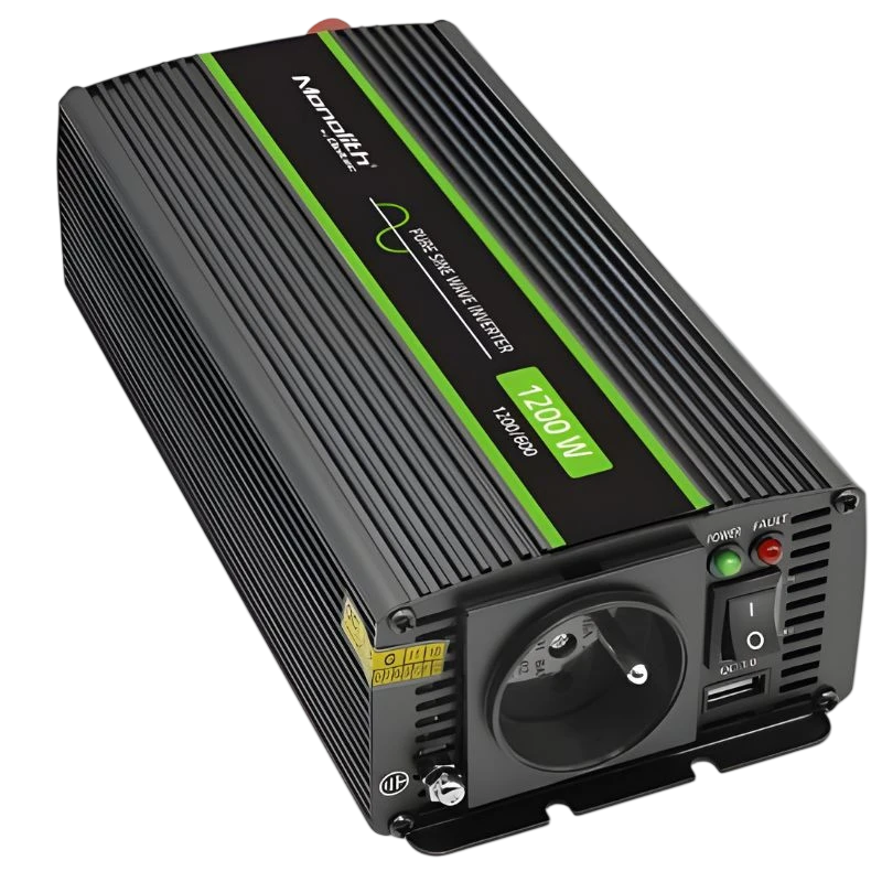 Qoltec Monolith Auto 1200 W negro, inversor de onda sinusoidal pura con carcasa estriada, ventilación frontal, interruptor, LEDs de estado y toma Schuko