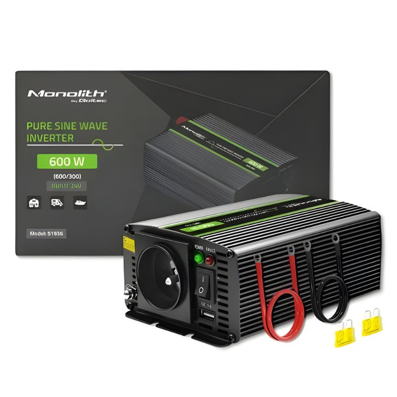 Qoltec Monolith Auto 600 W: inversor de onda pura negro con ranuras de ventilación, toma Schuko, interruptor y cables rojo/negro, incluye fusibles y caja