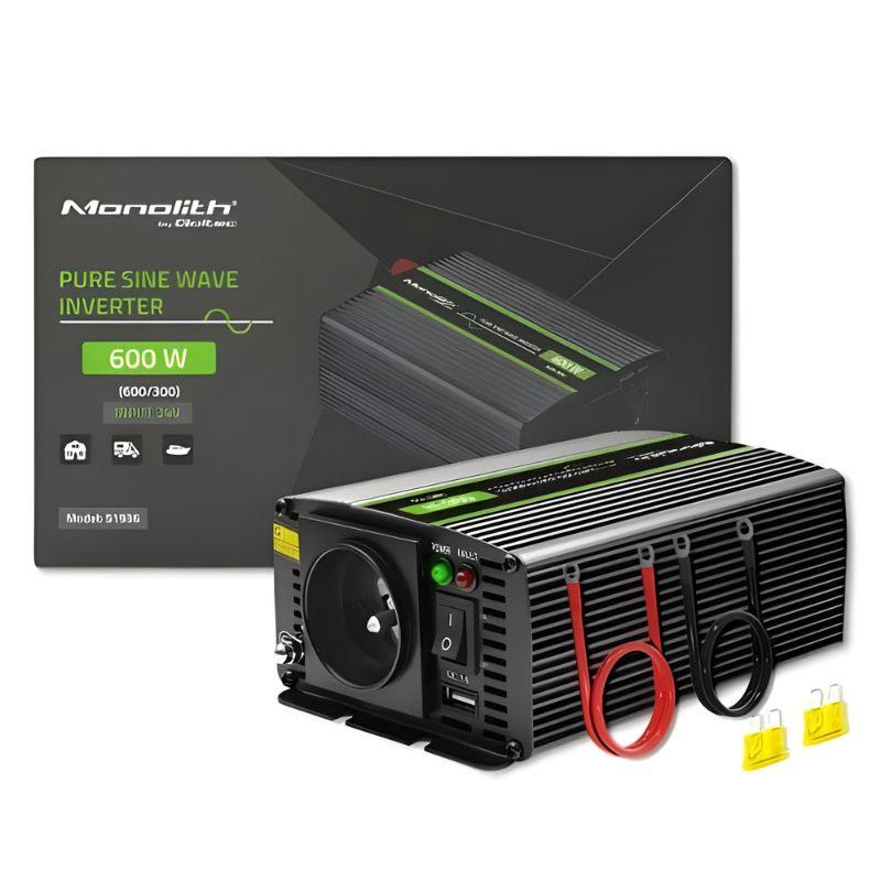 Qoltec Monolith Auto 600 W: inversor de onda pura negro con ranuras de ventilación, toma Schuko, interruptor y cables rojo/negro, incluye fusibles y caja