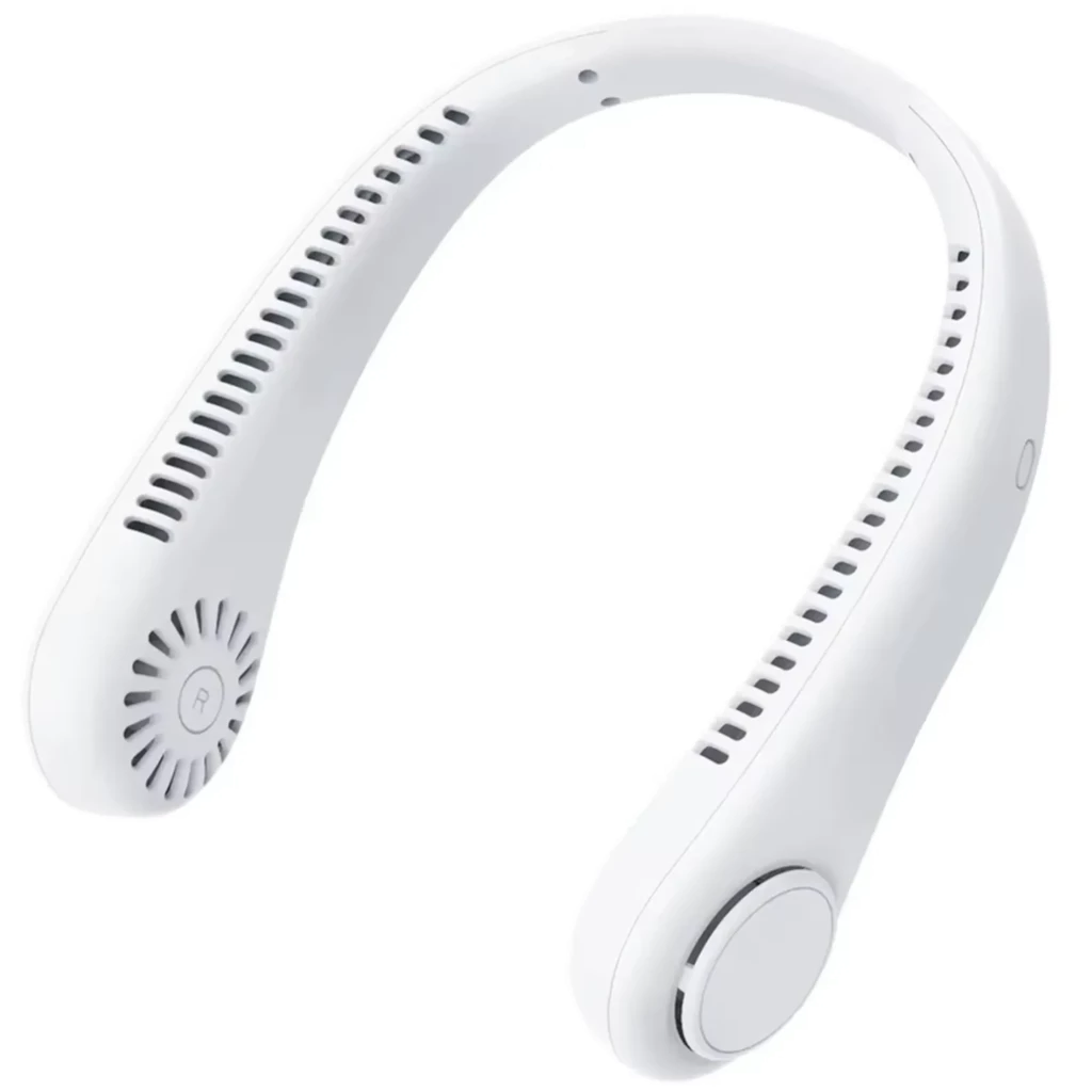 Ventilateur de cou blanc en U, grilles d’aération latérales, double turbine, boutons latéraux, écouteurs intégrés, design léger USB, batterie 3000