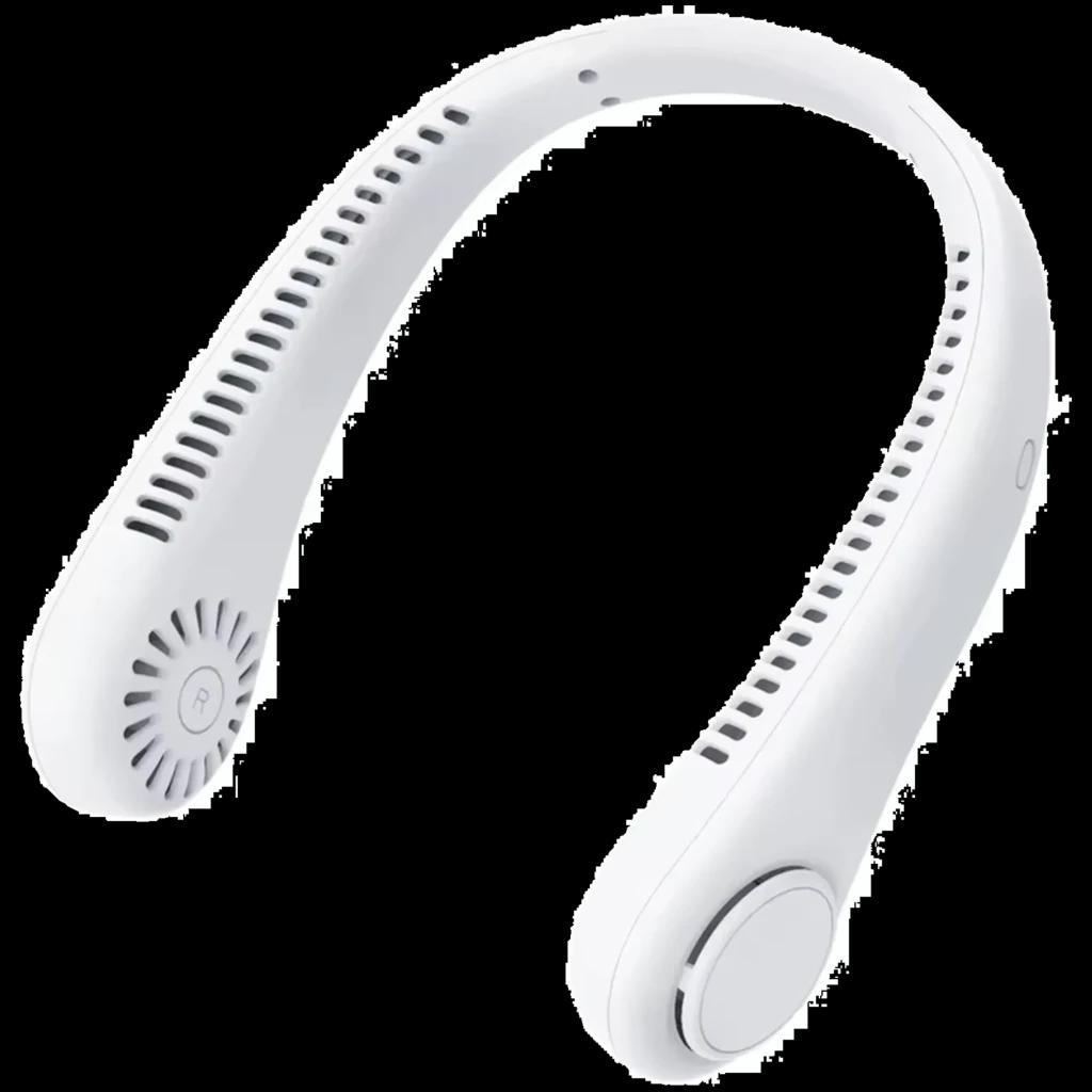 Ventilateur de cou blanc en U, grilles d’aération latérales, double turbine, boutons latéraux, écouteurs intégrés, design léger USB, batterie 3000
