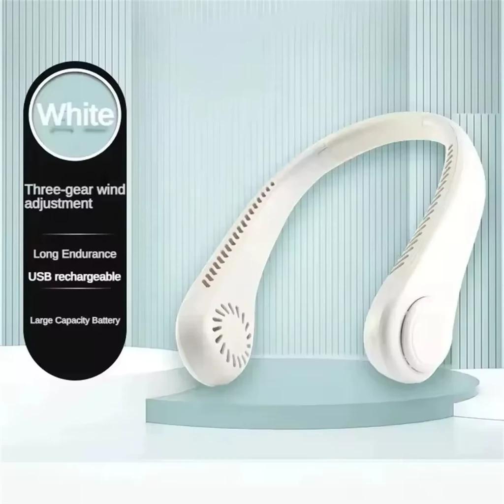 Ventilateur de cou blanc avec écouteurs, design en U, aérations latérales, 5 vitesses, batterie 3000 mAh, USB rechargeable, léger et discret