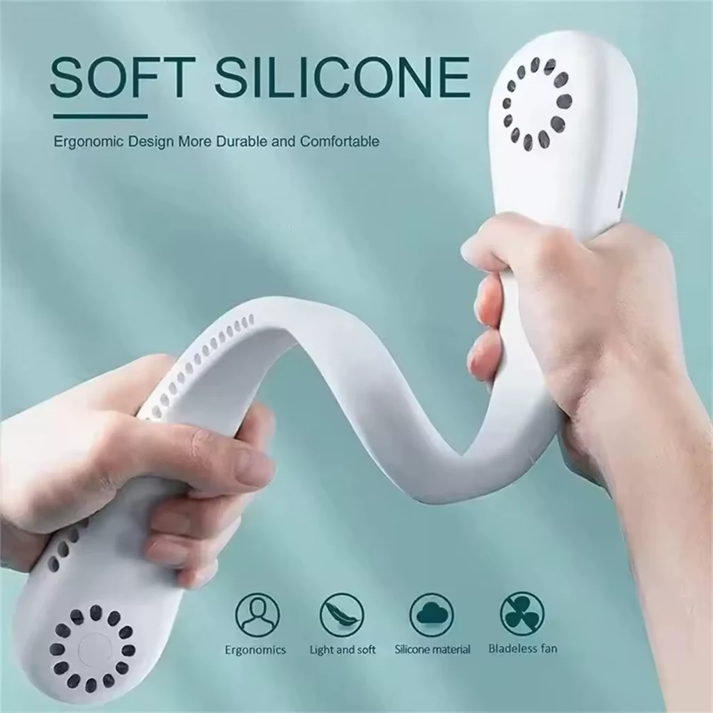 Ventilateur de cou blanc flexible en silicone souple, design ergonomique, ventilation sans pales, 5 vitesses, batterie 3000 mAh, port USB, écouteurs intégrés