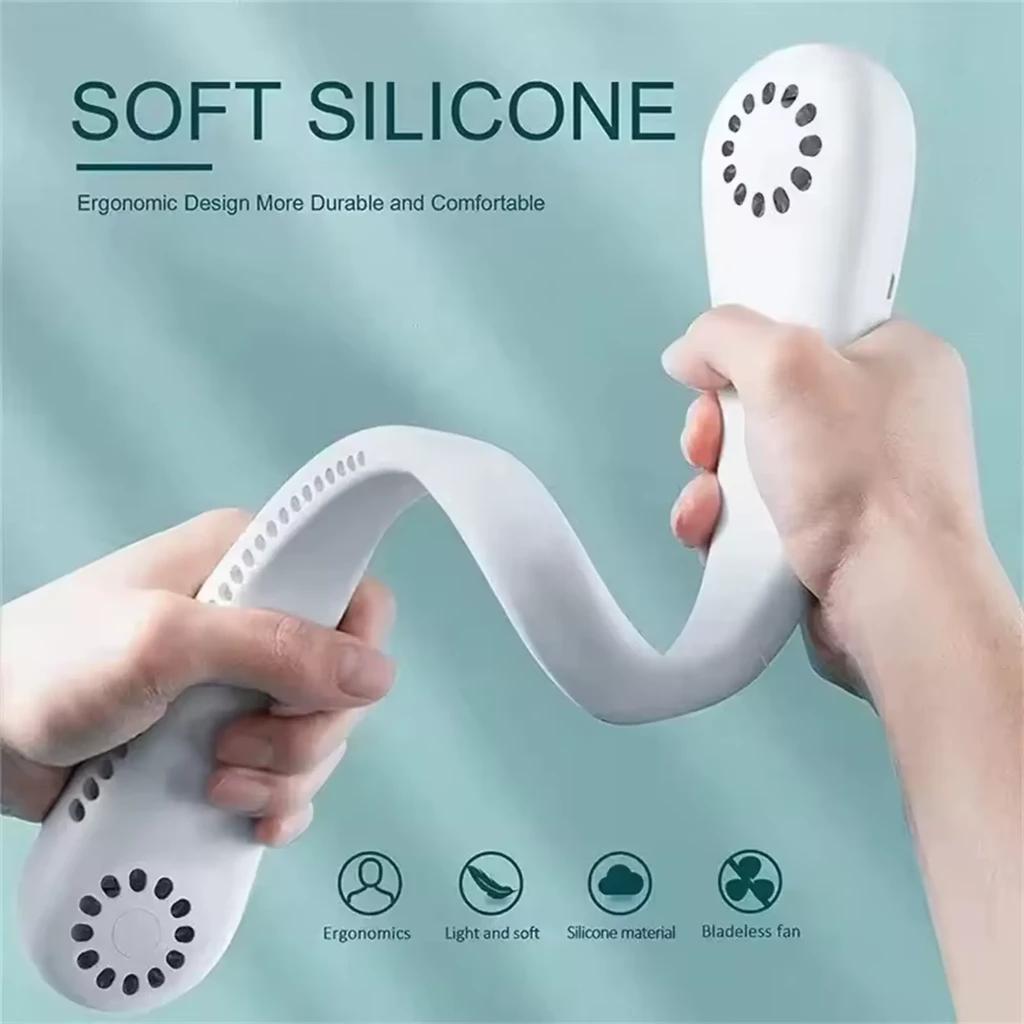 Ventilateur de cou blanc flexible en silicone souple, design ergonomique, ventilation sans pales, 5 vitesses, batterie 3000 mAh, port USB, écouteurs intégrés