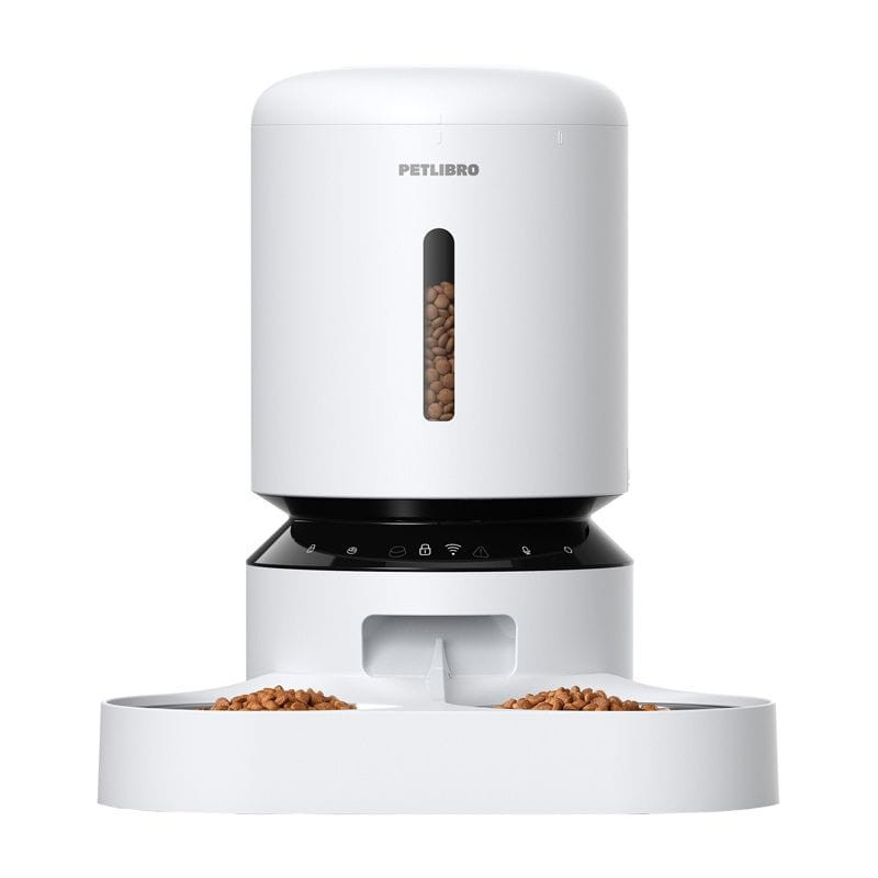 Petlibro Granary comedero automático doble, 5L, color blanco, visor de nivel frontal, base negra con controles táctiles y dos bandejas separadas para