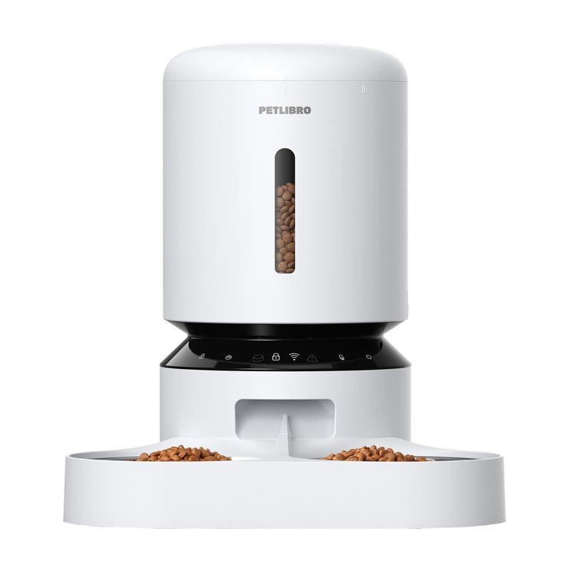 Petlibro Granary comedero automático doble, 5L, color blanco, visor de nivel frontal, base negra con controles táctiles y dos bandejas separadas para