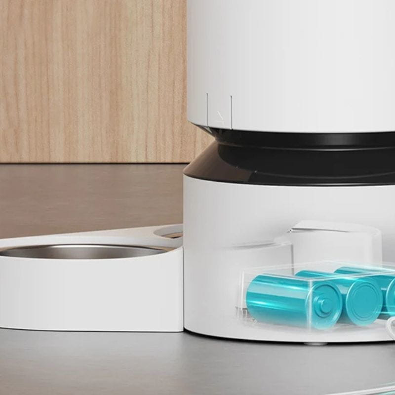 Petlibro Granary comedero automático blanco con doble cuenco, contenedor 5L y compartimento lateral para baterías; base blanca y detalles negros