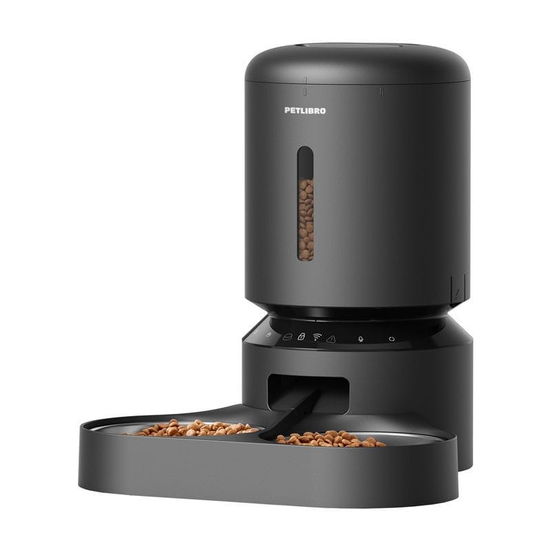 Petlibro Granary comedero automático doble: tolva negra 5L con ventana de nivel, base con controles táctiles y bandeja doble para croquetas distribuídas