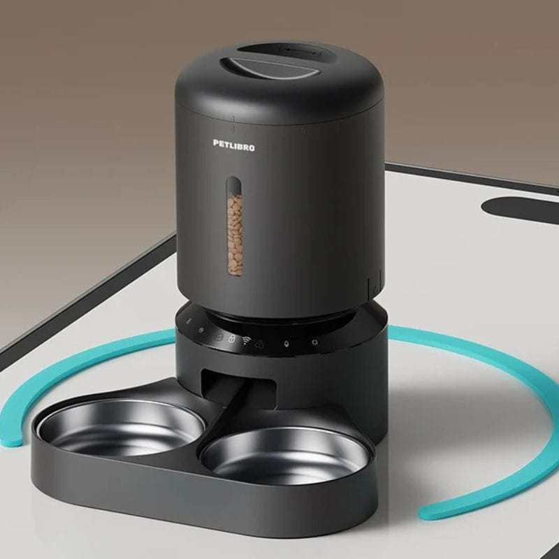 Petlibro Granary comedero automático con doble cuenco de acero, depósito 5L con ventana de nivel, control frontal con iconos y aro antideslizante turquesa