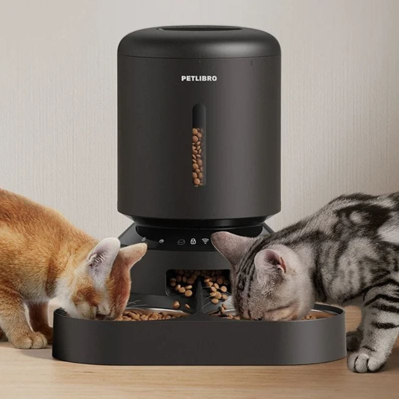 Dispensador automático Petlibro Granary 5L con doble cuenco, acabado negro mate, ventana de nivel visible, panel táctil y salida central de croquetas