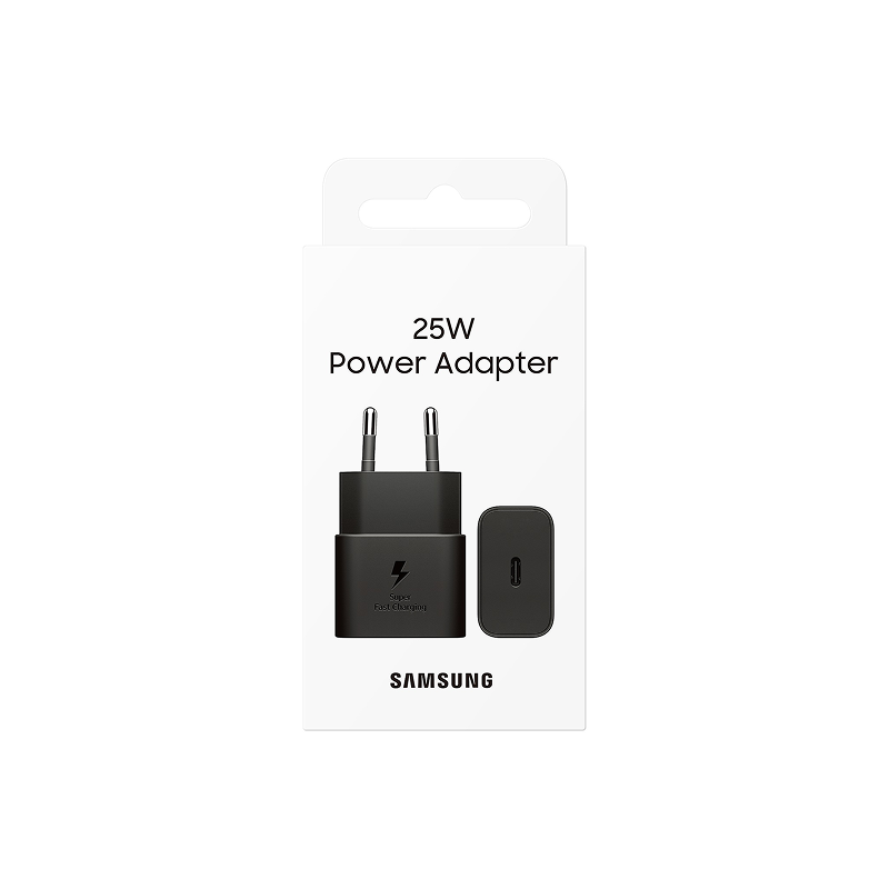 Cargador Samsung de carga rápida USB-C, adaptador negro de 25W con clavija europea y puerto USB-C, diseño compacto y minimalista en empaque blanco