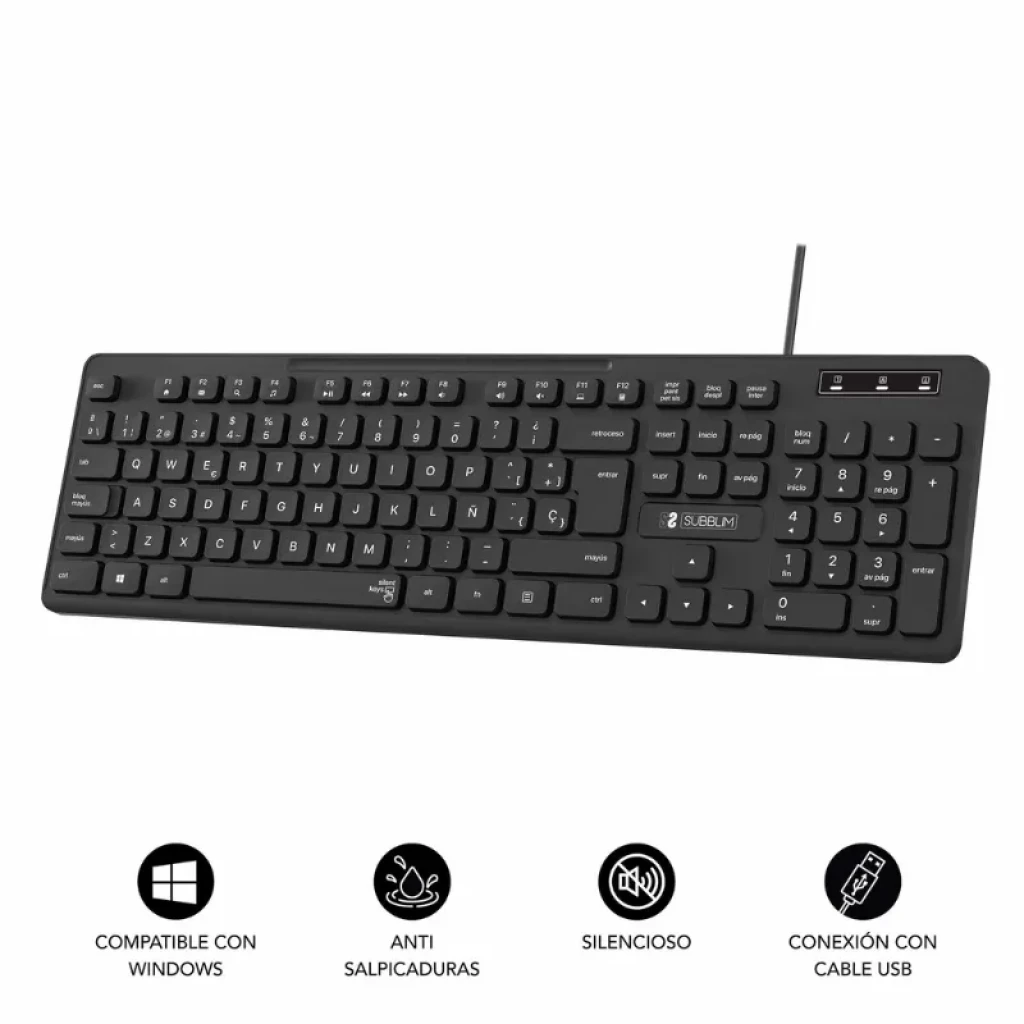 Subblim Business Slim Silencioso con cable USB - Teclado de membrana negro, diseño delgado, teclas de perfil bajo, numérico integrado y resistencia a salícaduras